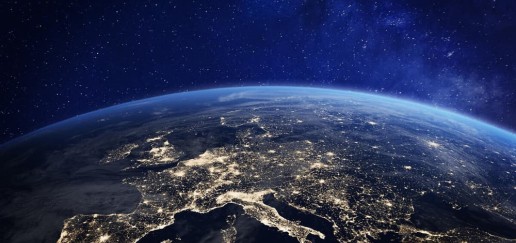 Europe at night viewed from space with city lights showing human activity