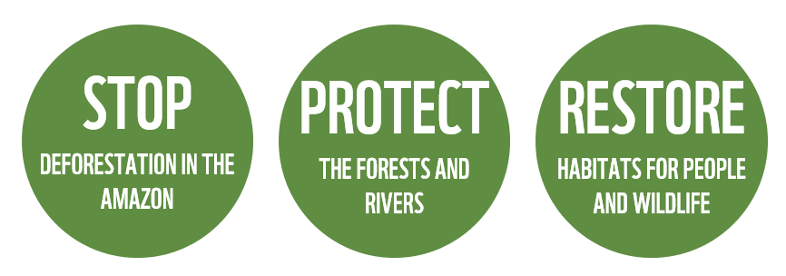 3 key objectives - stop deforestation, protect forests & rivers, restore habitats