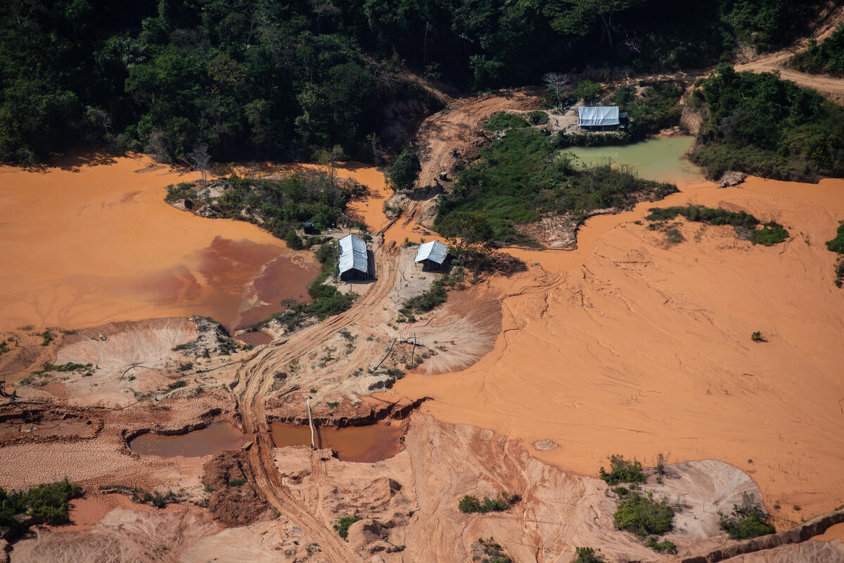 Aerial shot showing dried river in Amazon