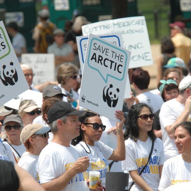 WWF supporters at the Peoples Climate March holding signs reading save the arctic and save the forests