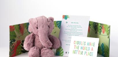 Soft elephant toy, with full pack including postcard, note and pack.