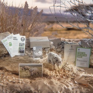 Rhino adoption pack contents on sandy ground