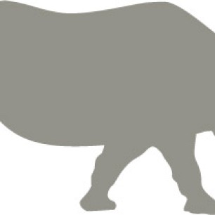 Side profile silhouette graphic of a rhino walking to the right