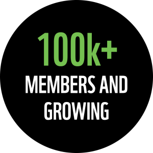Black circle with the text 100k members and growing