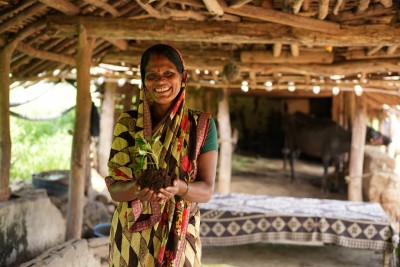 a woman stands in a wooden hut, holding a small tree sapling ready to be planted
