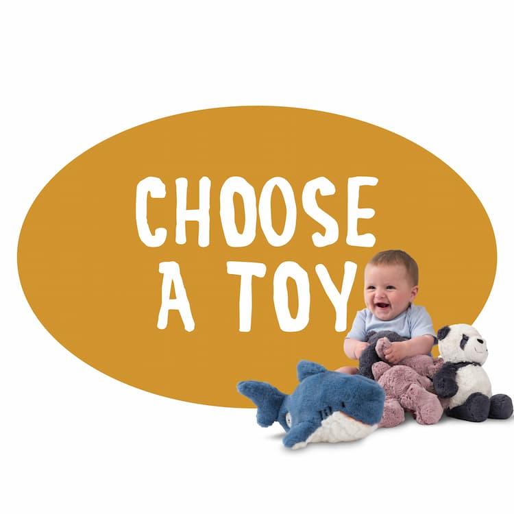 Text reading choose a toy on orange background with image of child holding cub club toys