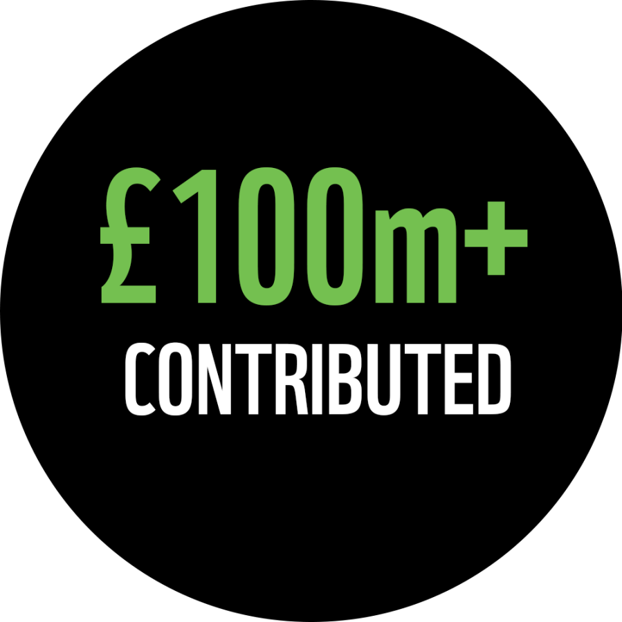 Black circle with the text '100m+ contributed'
