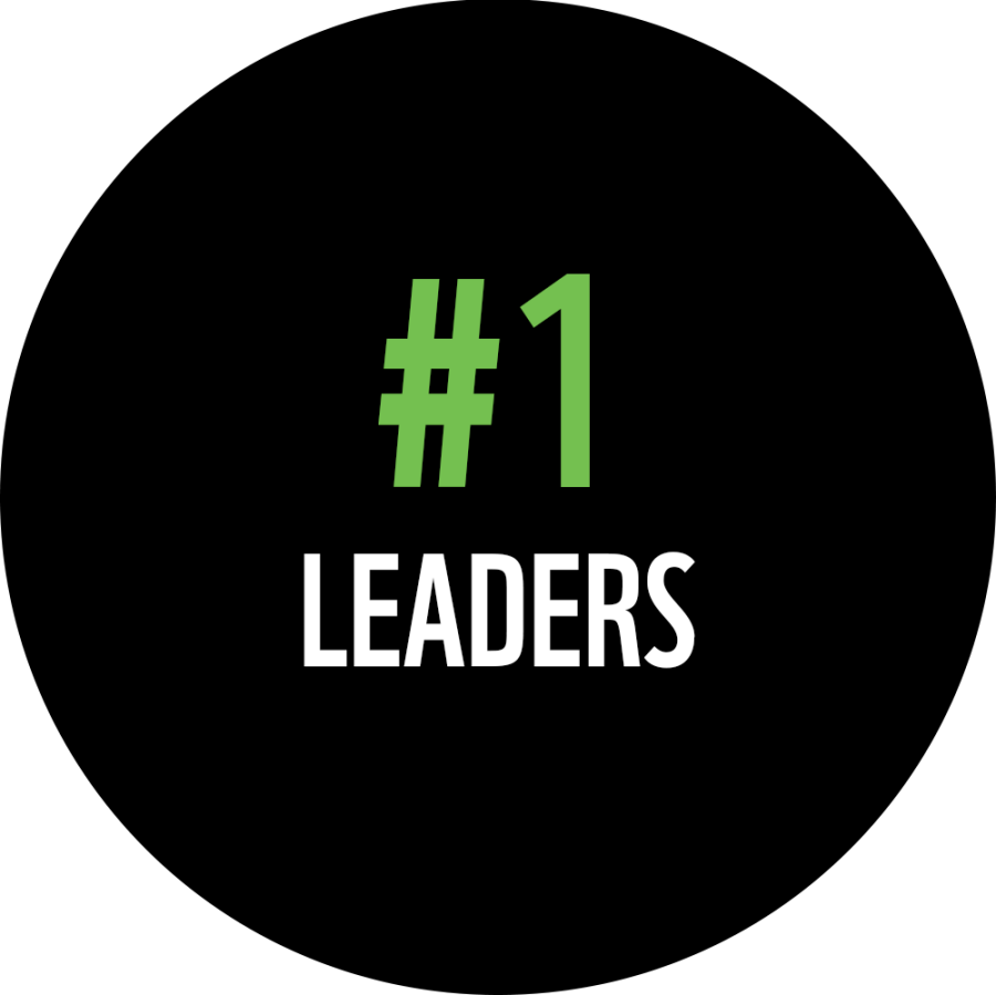 Black circle with the text '#1 leaders'