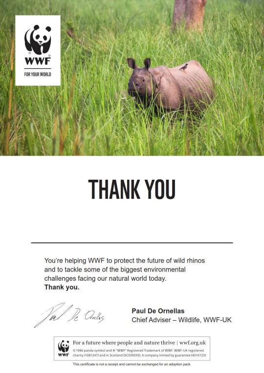 Letter thanking supporter for adopting a rhino with WWF