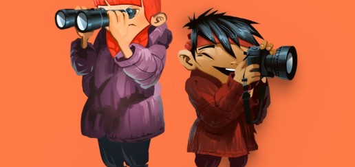 Go Wild! characters stand back to back with binoculars against a red background.