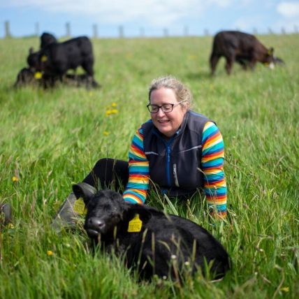 Farmer Heather Close strokes an Aberdeen Angus calf