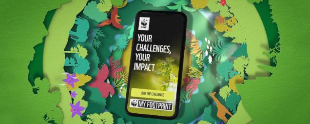 Phone with My Footprint App open with text reading Your challenges, your impact