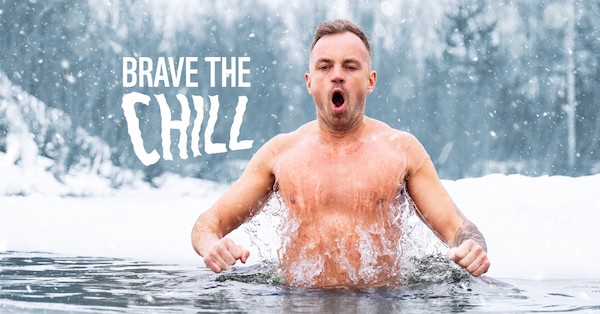 a man jumping into cold water, next to the 'Brave the Chill' challenge logo