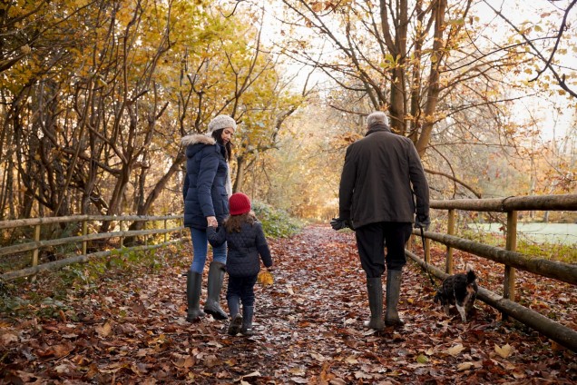 Family walking in autumn leaves